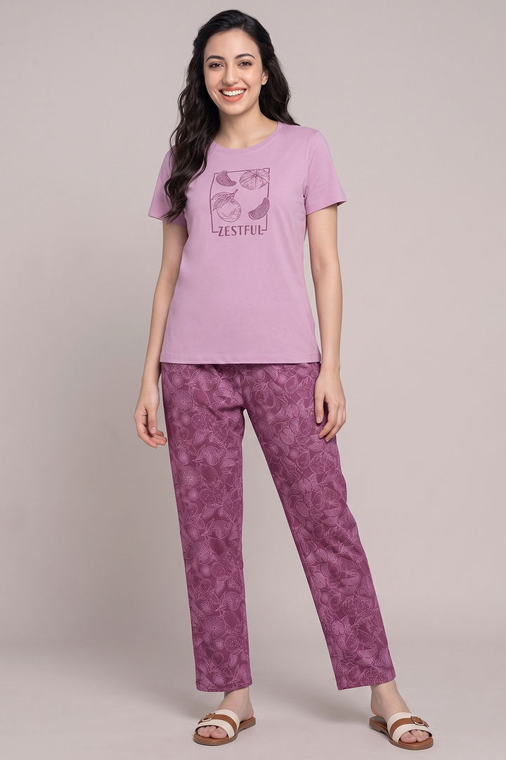 Zivame Mixed Fruit Buttersoft Knit Poly Pyjama Set - Red Violet — image 2